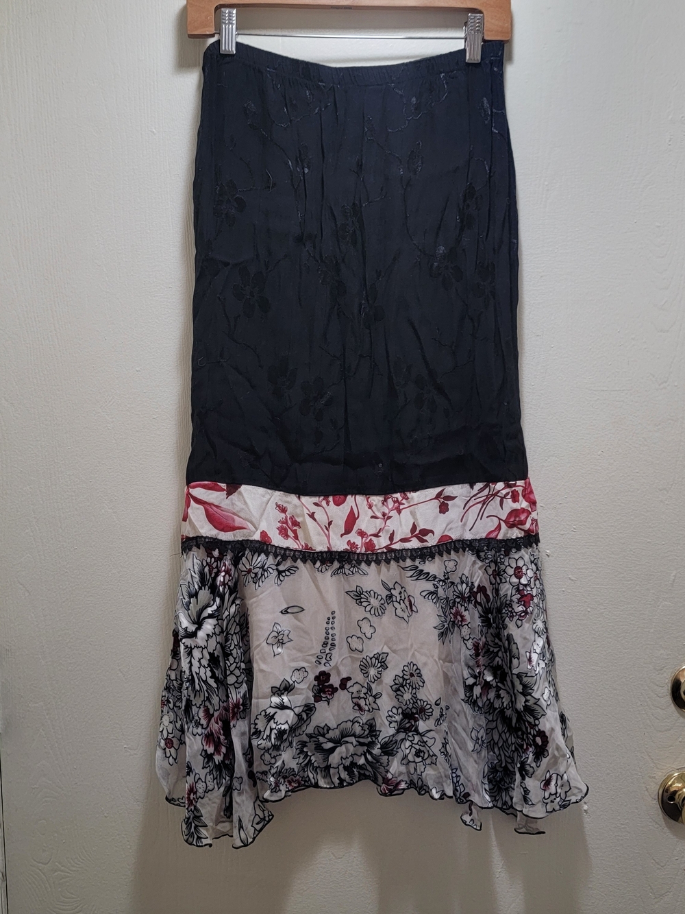 Women's Vintage Black Silk Maxi Skirt with Floral Hem and Pink Trim